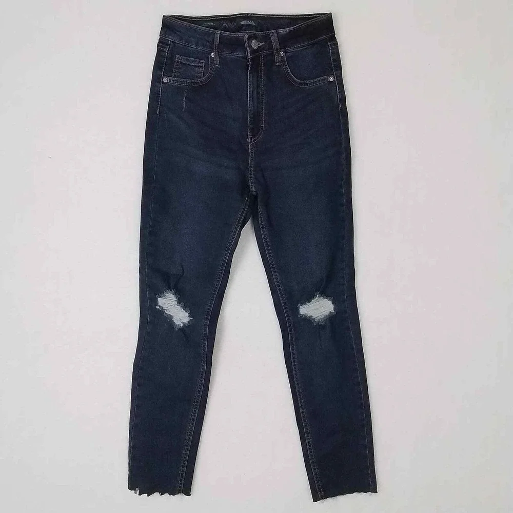 Wild Fable Highest Rise Skinny‎ Jeans Sz 4 Dark Wash Distressed Raw Hem Stretch